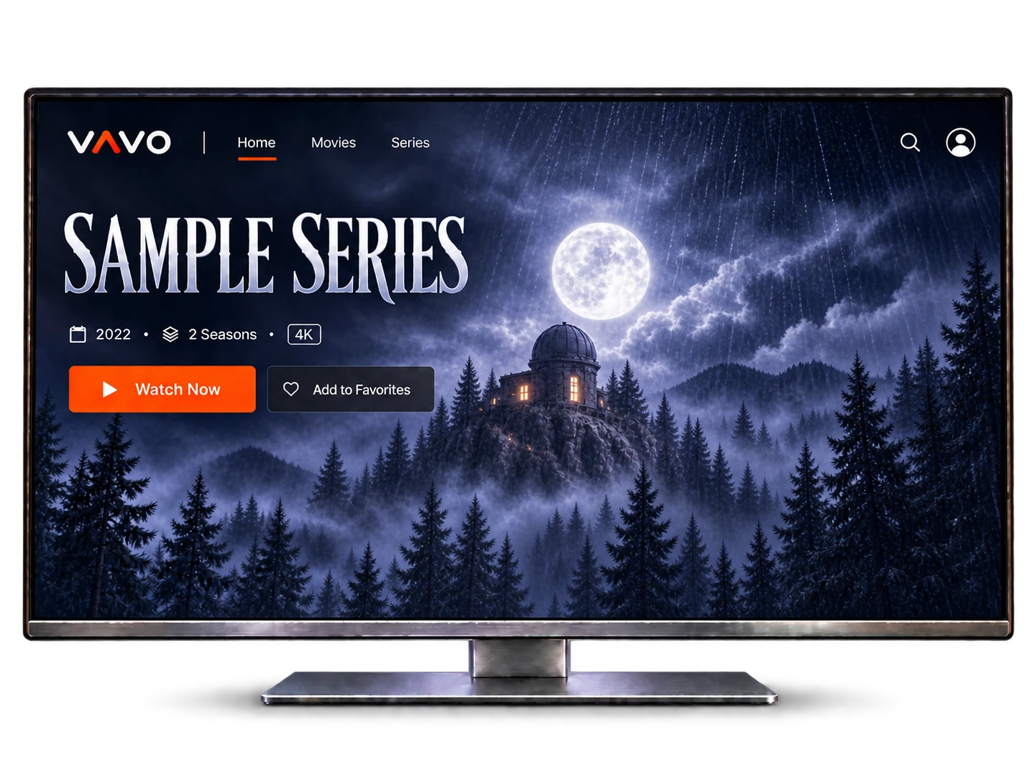 Yağmurlu sahnede kızıl saçlı bir karakter ve gümüş renkli gotik Sample Series başlığıyla Vavo Android TV önizlemesi.
