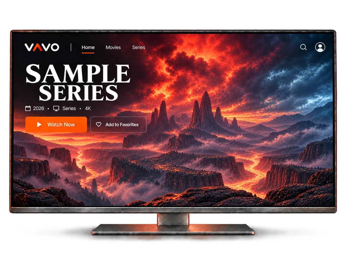 Dört karakter ve kırmızı sinematik Sample Series başlığıyla Vavo Fire TV tanıtım önizlemesi.