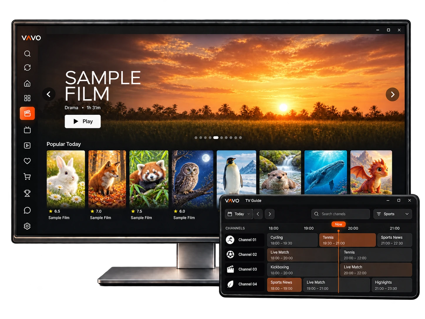 Vavo Windows: Sample Film afişi ve posterleri, simgeli kenar çubuğu ve İngilizce kanal etiketleriyle TV rehberi.